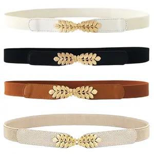 4 Pack Women Skinny Elastic Belt Ladies Fashion Leaf Alloy Buckle Stretchy Thin Waist Belt for Dresses