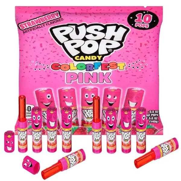 Push Pop Pink Colorfest Holiday Lollipop, Bulk Candy Individually Wrapped, Hard Candy for Kids, Party Goodie Bags, Valentine's Day 10 Ct