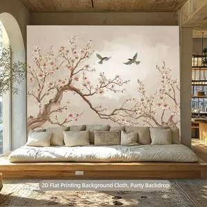 1PC Reusable Polyester 2D Flat Chinese Ancient Style Flower-and-Bird Door Curtain, Festive Home Decoration Backdrop Banner for New Year Spring Festival, Birthday (Living Room, Porch)