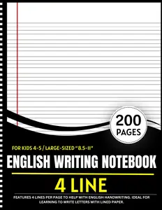 English Notebook 4 Lines: Large 8.5x11 English handwriting practice book for kids, featuring 200 pages with 4-line writing paper. Perfect for learning to write letters with clear handwriting lines.