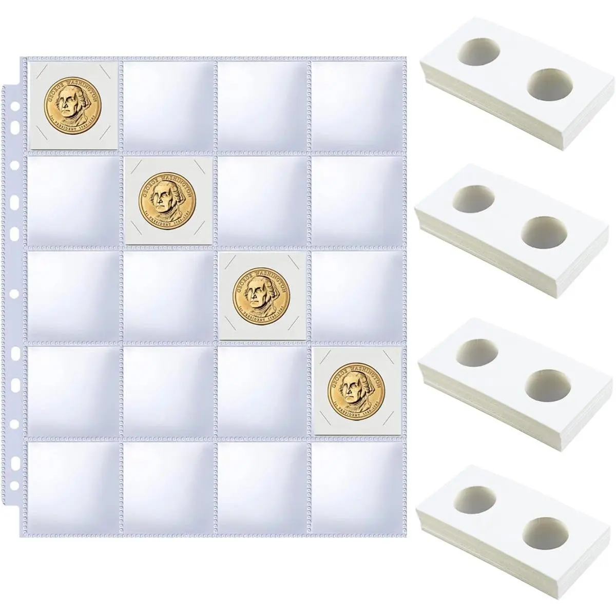 Ultra-Clear Waterproof Polypropylene Coin Flip Sleeves Binder Set - Acid-Free, Durable & Sturdy, Dust-Proof, 200 Non-PVC Top-Loading Pages for 2/3/4-Ring A4 Ring Binders, 2"x2" Cardboard Holders for Coin Display