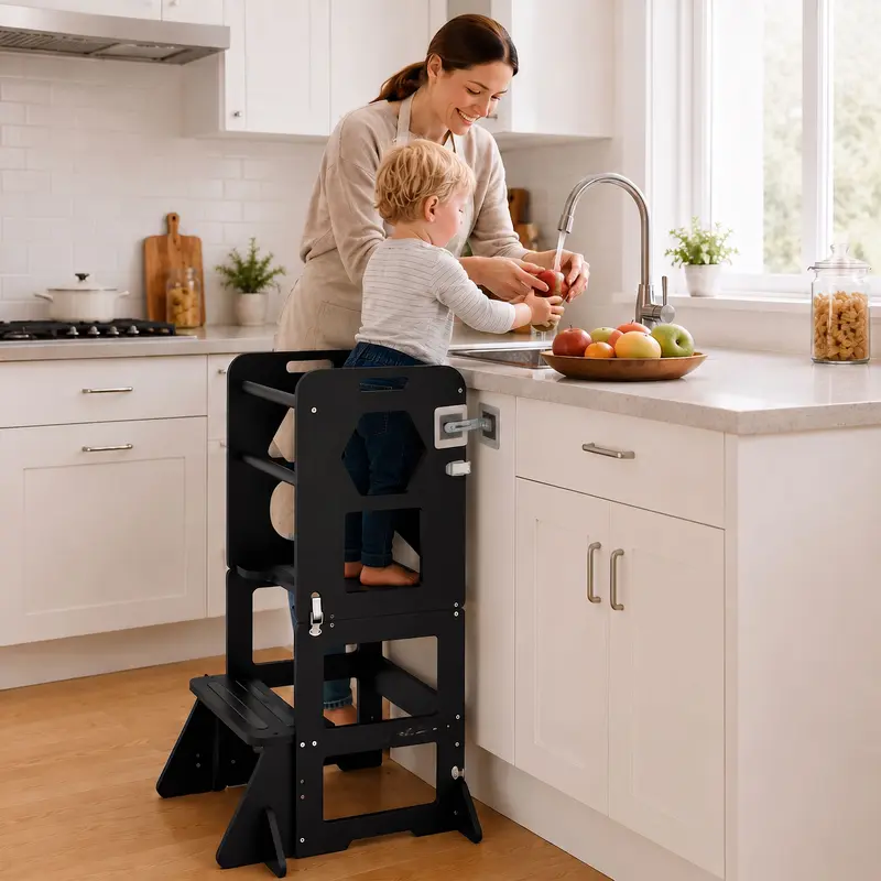 4-in-1 Black Tower Toddler Kitchen Step Stool - Foldable 4 in-1 Tower with Fixed Arms, Blackboard, Stable A-Frame MDF Children's Furniture, Learning Area & Play Use, 150 lbs Capacity, Toddler Table & Chair Compatible, Ideal for 1-3 Year Olds, Perfect Gift