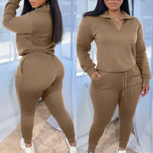 ChicMe Women's 2 Pieces Outfit/Casual Women's Sportswear Set High Neck Half Zip Drop Shoulder Top and Drawstring Elastic Waist Slim Fit Jogger Pants Set Casual Tracksuit