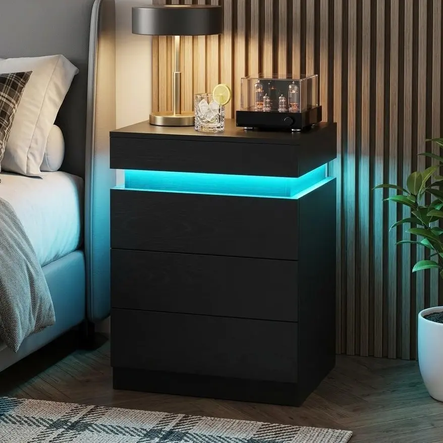 Minimalist Modern Black Bedroom Nightstand - 3 Handle-Free Sliding Drawers, Smart Bedside Table Nightstand with Charging Station, LED RGB Lighting, Hidden Outlets, 100lb Capacity, Ideal for Adult Apartments