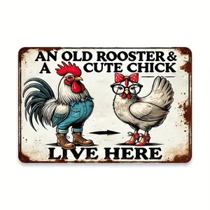 Unique Find, Charming Retro "Husband And Cute Chickens Live Here" Sign - Waterproof And Weatherproof, Suitable for Home, Office, Bar, Cafe Decoration - Easy to Hang Tin Poster Gift