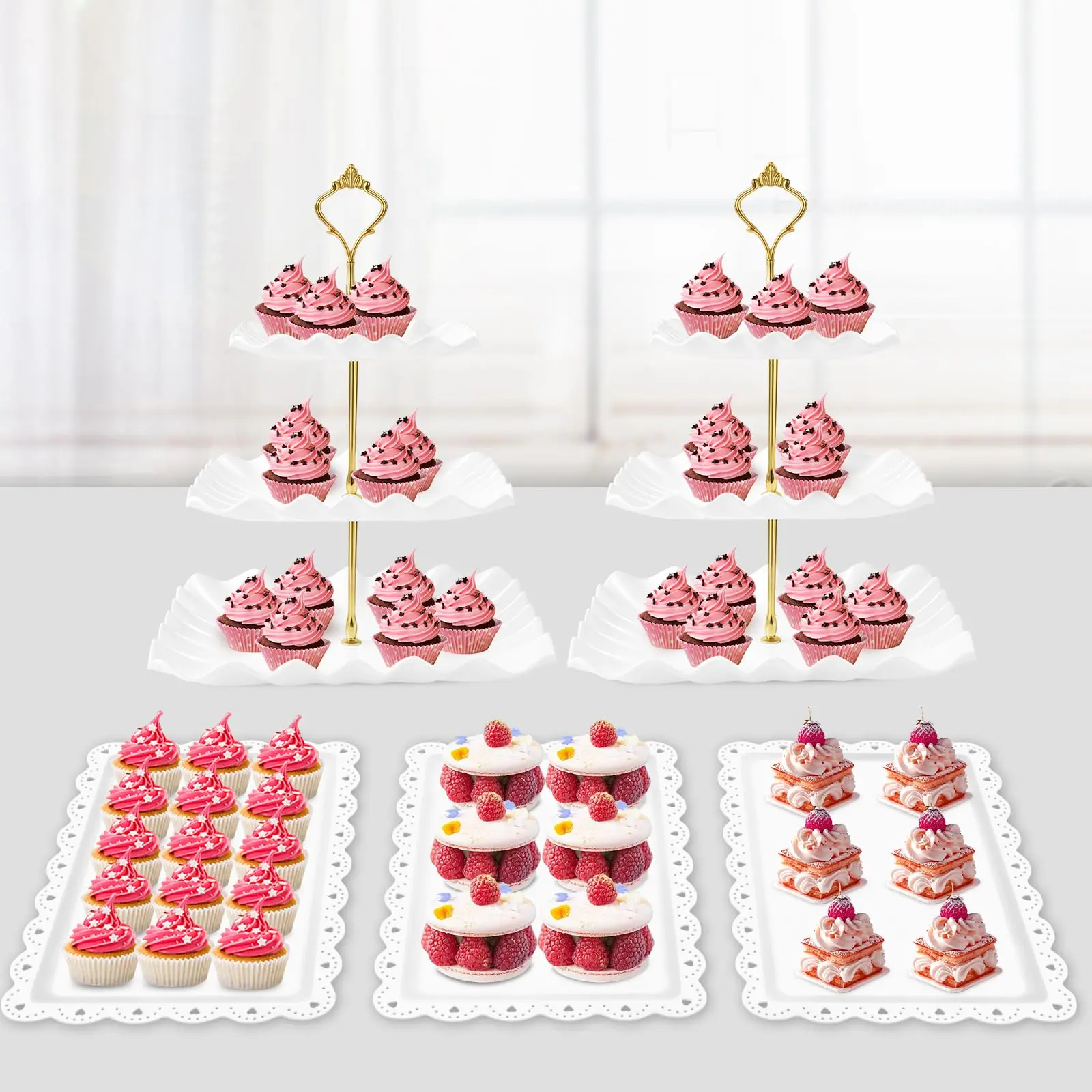 Large 5-Pack Tiered Stands & Serving Trays Set - 2 Plastic 3-Tier Cake Stands, 3 Food Serving Trays, White Kitchenware Bakeware Decorating Tools for Birthday, Wedding Parties, Cake Stands For Party, Dessert
