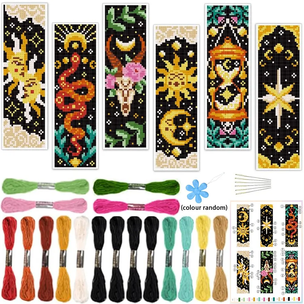 6-Piece Tarot Cross-Stitch Bookmark Kit, Creative Fabric Bookmarks, Includes Printed Fabrics & Embroidery Tools, Ideal for Beginners