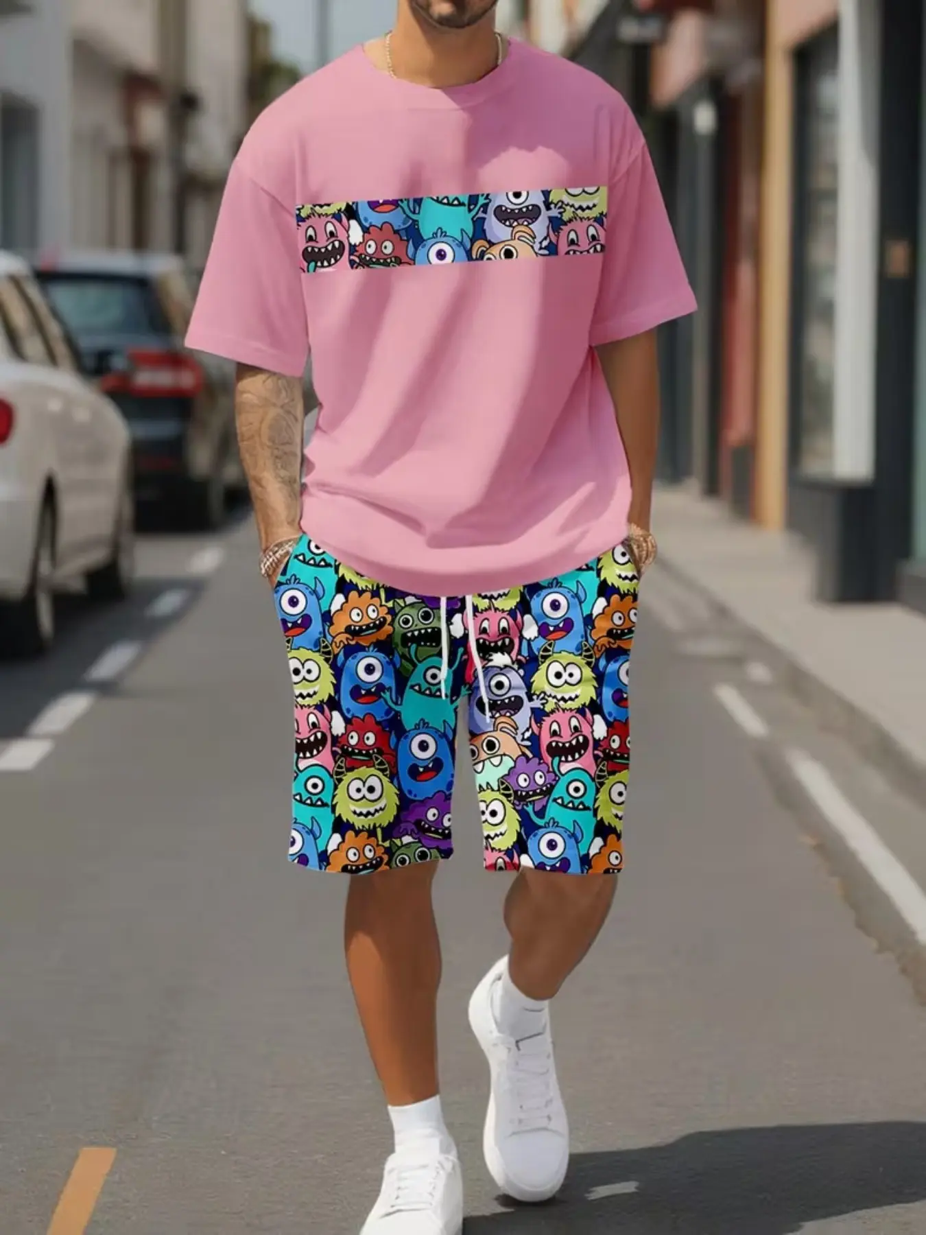 Men's Casual Two-Piece Set, Includes Cartoon Pattern Short Sleeve T-Shirt and Drawstring Pocket Shorts, Loose-Fitting Regular Length