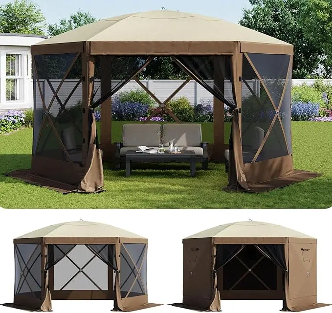 Aoxun  Pop Up Gazebo Screen Tent, 6-Sided Canopy Tent with Carry Bag and Stakes, Screen House Sun Shelter Tents for Camping, Backyard, Patio, Lawn, Brown