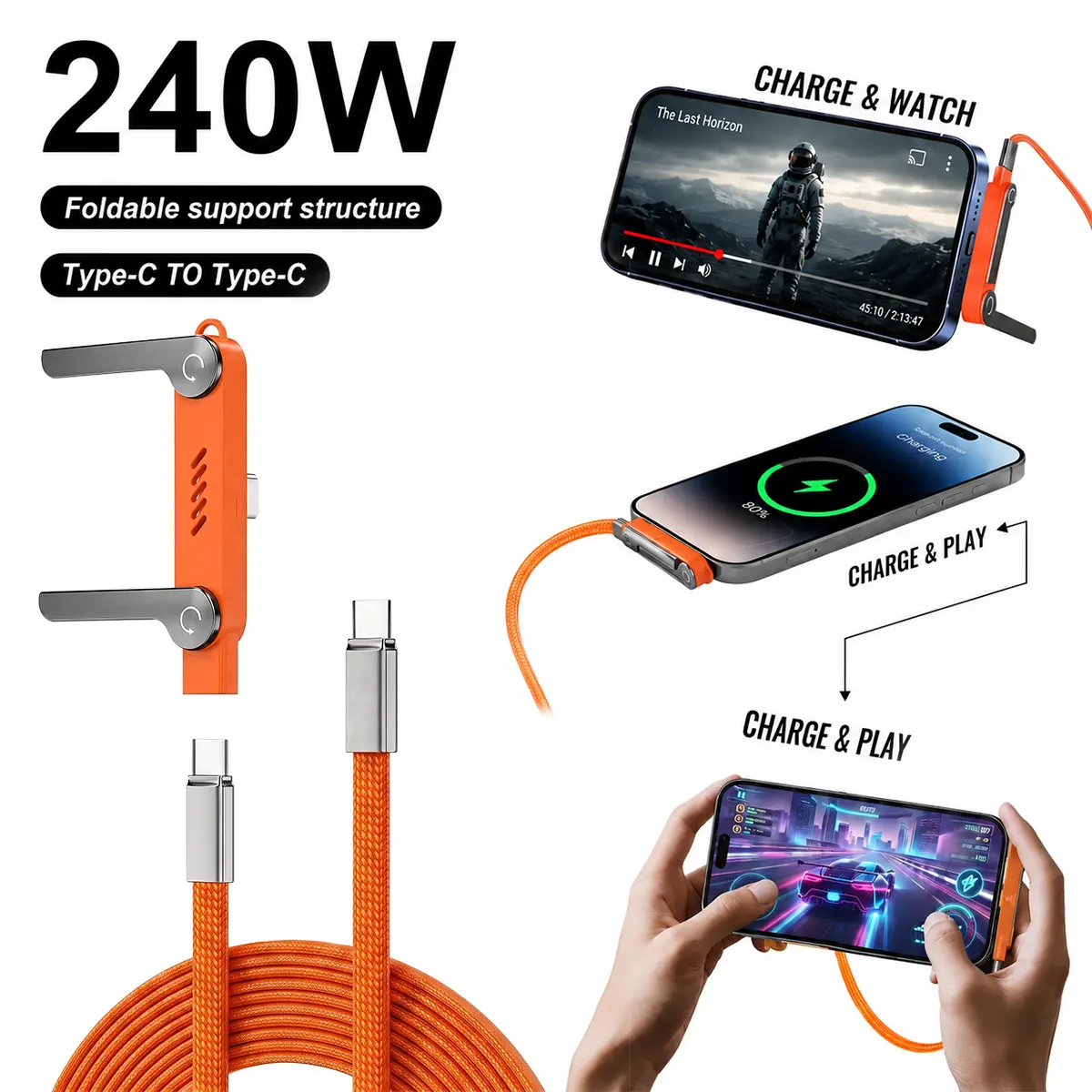 240W Type-C to Type-C Fast Charging Cable with Detachable Stand, 2 in 1 Fast Charging Cord, 90° Angle, 480Mbps Data Transfer Speed, for Gaming, Office, Home