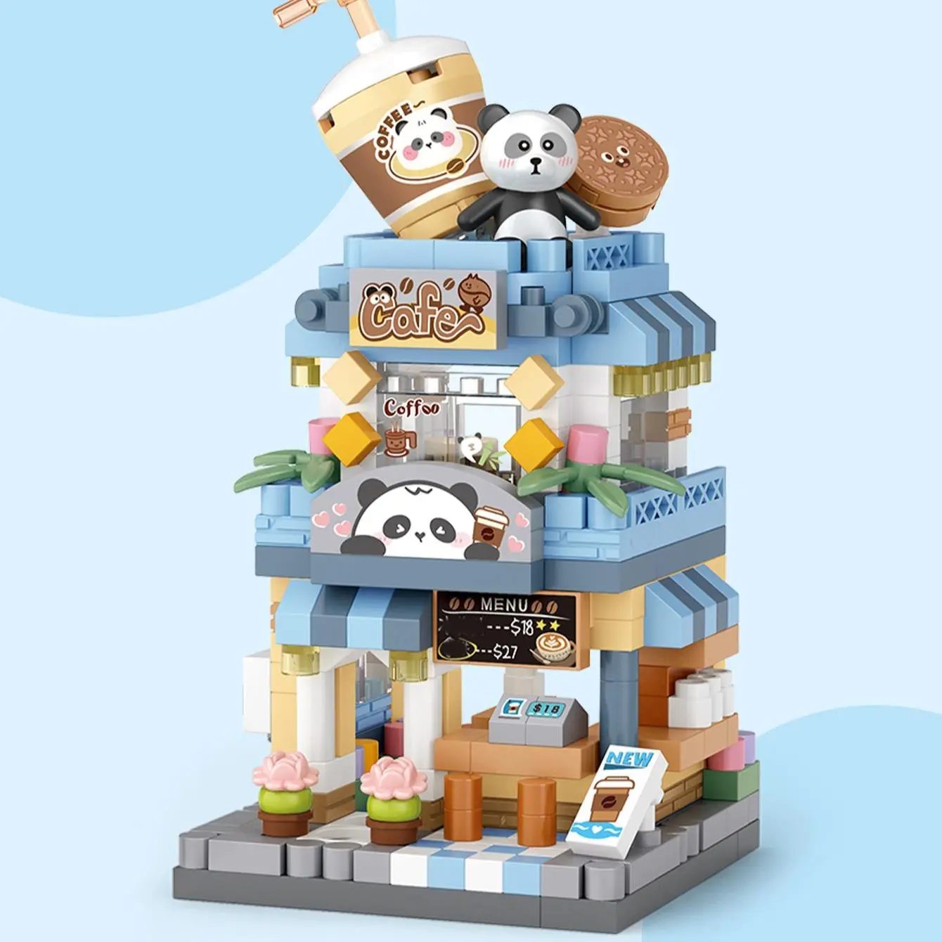 LOZ Lizhi Street View Microblock Small Particle Children's Toy Cute Model Mini Decoration Gift Micro Diamond Street View Creative DIY Building Model Assembly Blocks Bricks Building Block Sets - Panda Cafe Building Blocks Set
