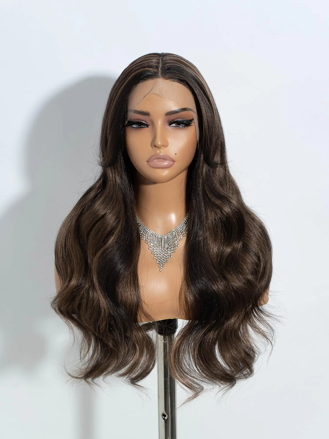 【Sophiarene Selected】Fashion Long Body Wave Wigs for Women, Gorgeous Highlight Wigs with Curtain Bangs, Synthetic Lace Front Wigs for Party, Daily Use Glueless, Lace Frontal Wigs, Lace Front Hair, Glueless Wavy Wig