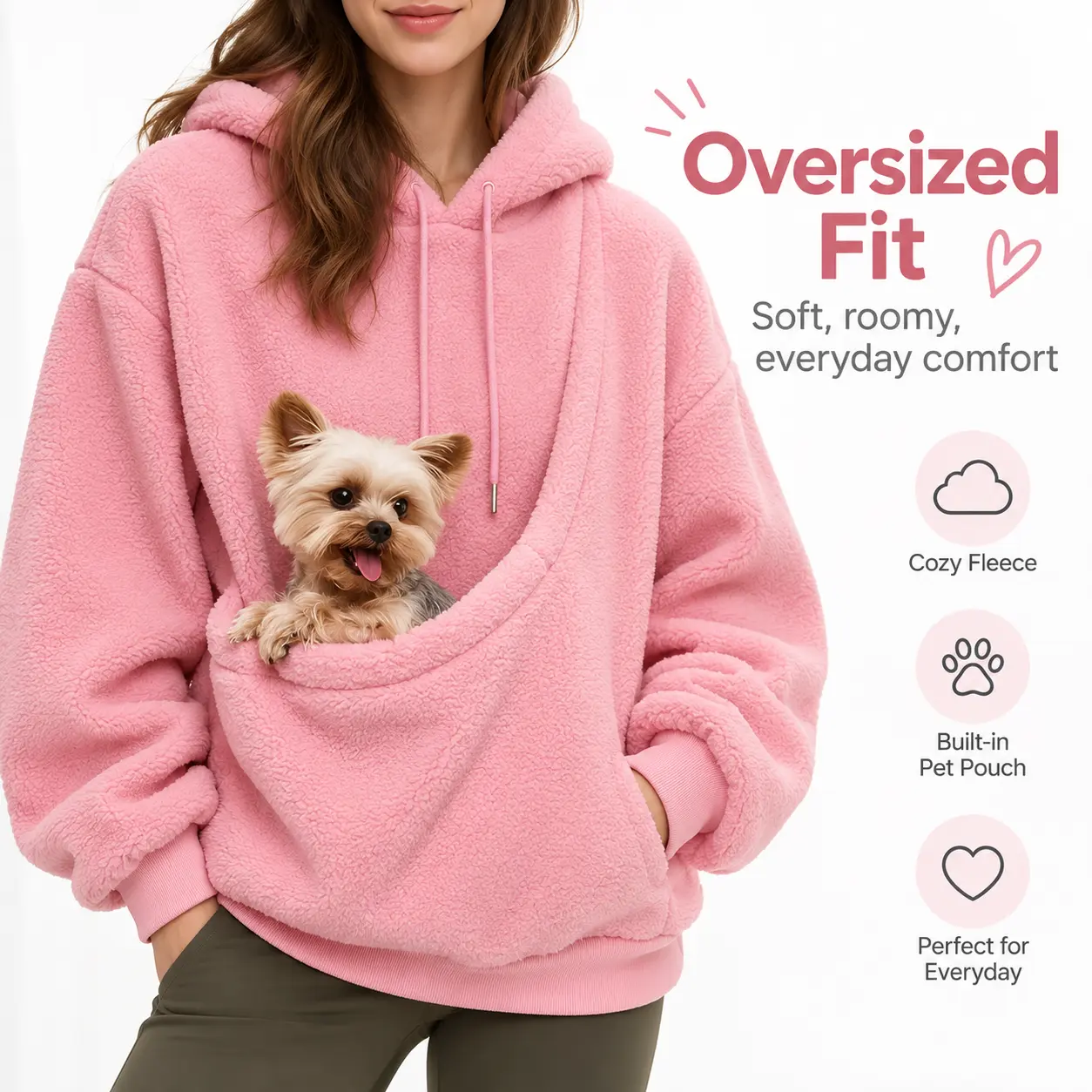 Women’s pet carrier hoodie, soft sherpa fleece pullover oversized hoodie sweatshirt for small dogs/cats, cozy winter outfit, gift for dog lovers