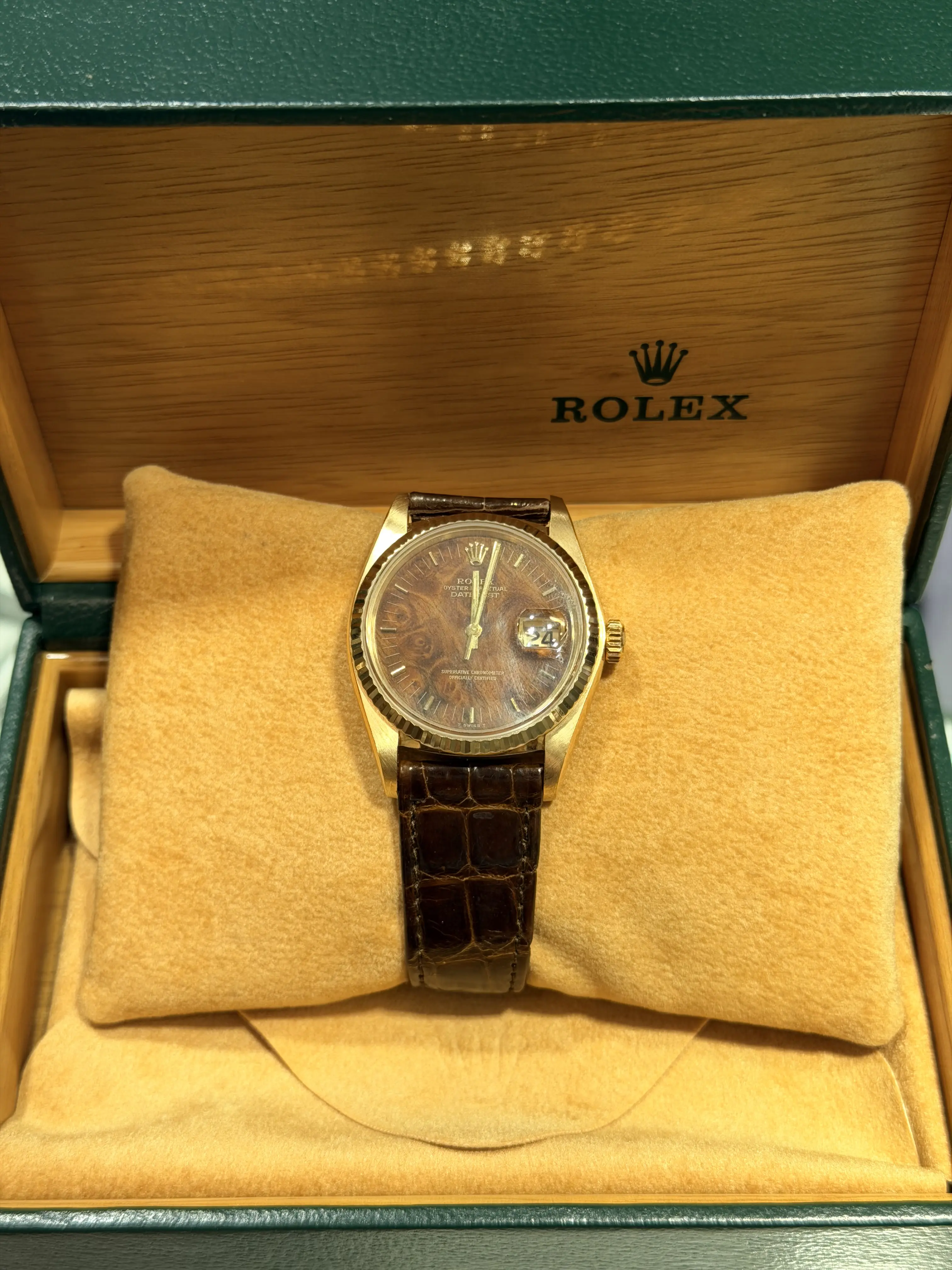 Rolex Datejust Yellow Gold Wood Dial Leather Band