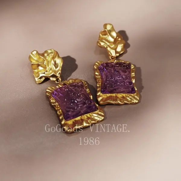 Antique Lava Effect Purple Jelly Plated Genuine Gold Matte Gold and Silver Pin Earrings latinaaccessories