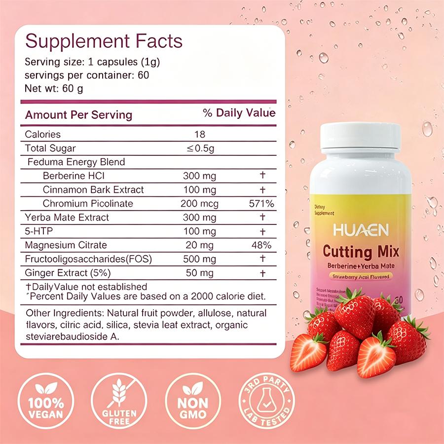 HUAEN Cutting Mix Capsules - Berberine & Yerba Mate Complex, 60 Count, No-Mess Alternative to Drink Mix, Supports Metabolism, Energy & Gut Health