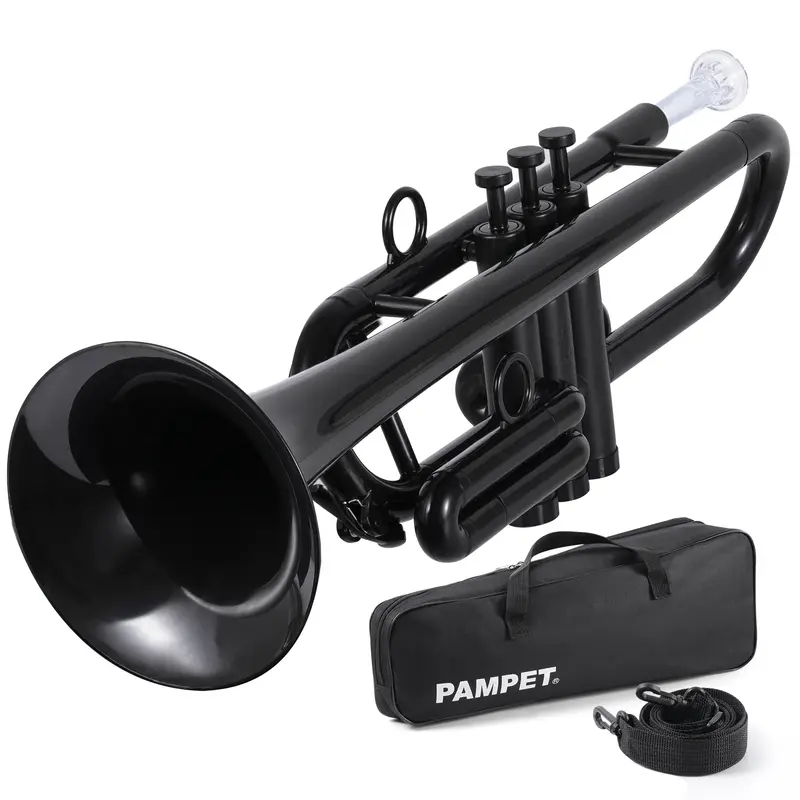 PAMPET Black Bb Trumpet Set - Professional Durable ABS Composite Wind Instrument for Student Beginners, with 7C & 3C Mouthpieces, Leadpipe, Tuning Slides, Portable (Includes Instrument Weight Details)
