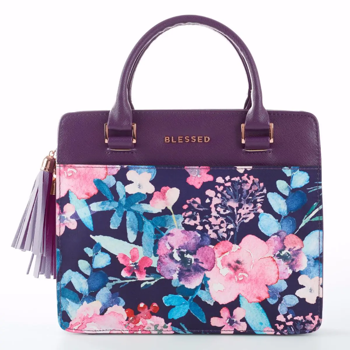 212 MAIN Christian Bible Cover - Large Purple Luxleather Handbag with Floral Print, Photo Holders, Blessed Style, Zipper, Tassel (Toys & Hobbies DIY Specialty Supply Purse)