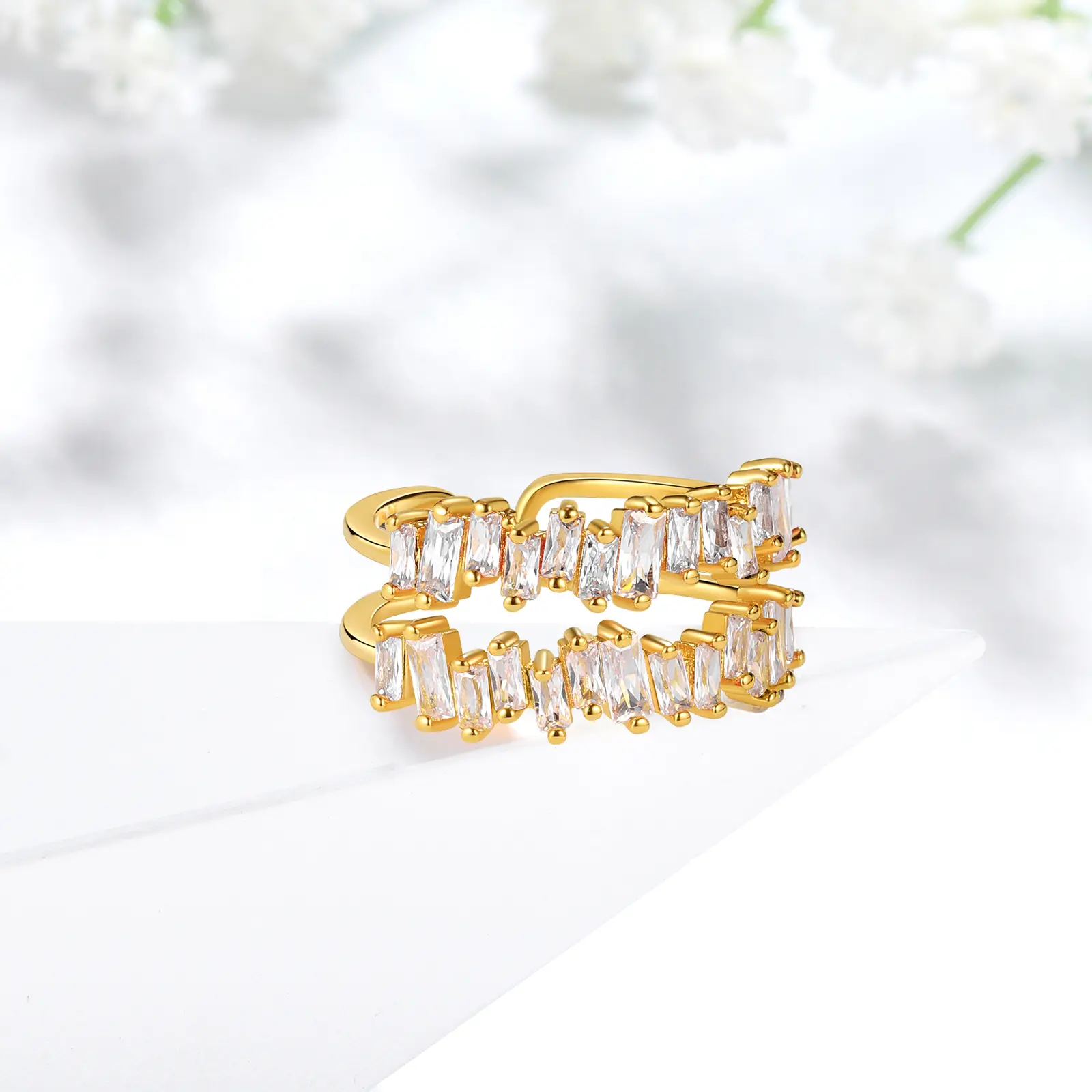 Fasjewly 18K Gold Plated Rainbow Eternity Ring | Emerald-Cut Multi-Color CZ Wedding Band for Women | Open Adjustable Stackable All-Around Band