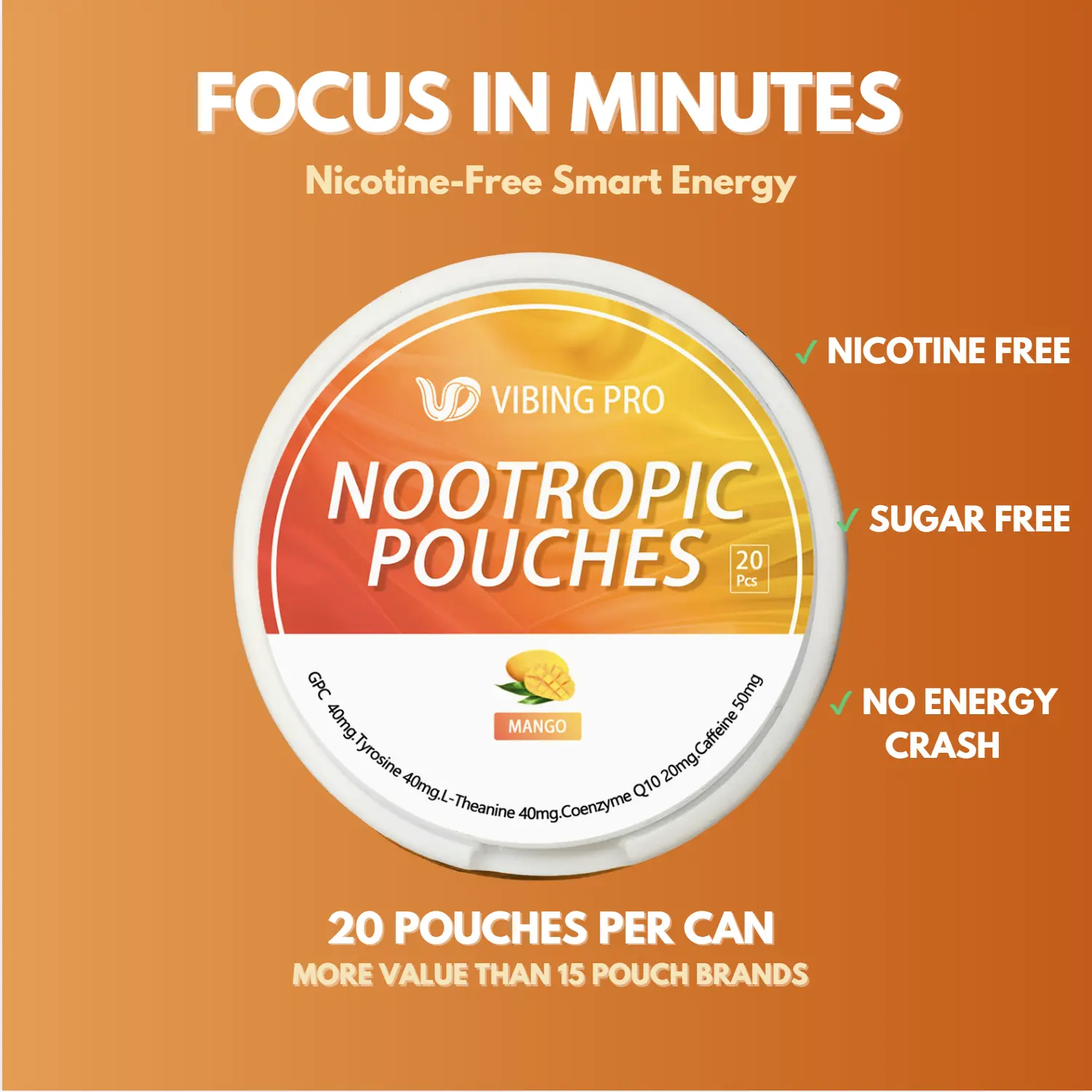 VIBING PRO Nicotine-Free Nootropic Energy Pouches (Peach Mango Fresh Mint) - 50mg Caffeine, Alpha GPC, L-Tyrosine, L-Theanine & CoQ10, Sugar-Free, No Crash, Focus Support,3 Cans, 20 Pouches Per Can(60 Pouches Total)