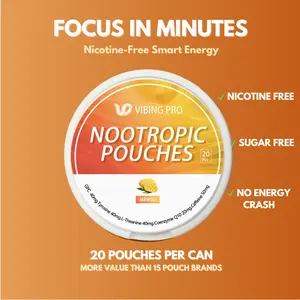 VIBING PRO Nicotine-Free Nootropic Energy Pouches (Peach Mango Fresh Mint) - 50mg Caffeine, Alpha GPC, L-Tyrosine, L-Theanine & CoQ10, Sugar-Free, No Crash, Focus Support,3 Cans, 20 Pouches Per Can(60 Pouches Total)