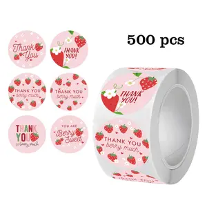 Cute Strawberry Thank You Stickers Roll, Customizable Stickers, 500 Pieces Per Roll, 1cm Round Adhesive Labels, Sticky Labels for Summer Birthday Party Decoration