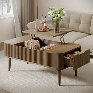 TOKSOM 47.2”Modern Coffee Table Wooden Fluted Lift Top Coffee Table with Hidden Compartment,Mid Century Modern Rectangle Center Tables with Lifting Tabletop & 2 Storage Drawers for Home Living Room