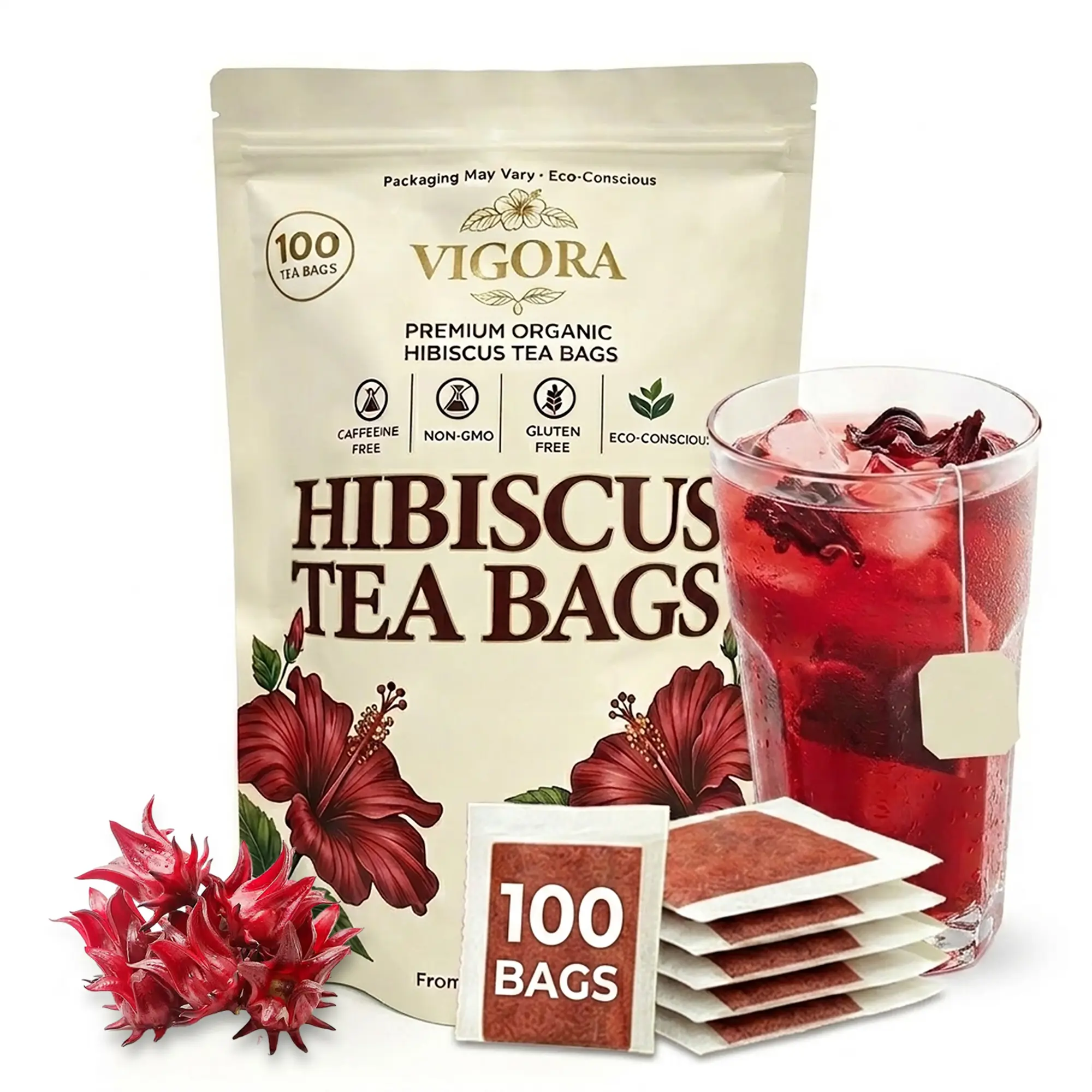 VIGORA Hibiscus Tea Bags (100 Count) – Caffeine-Free Herbal Tea, 100% Natural Dried Hibiscus Flowers, No Sugar or Additives, Perfect for Hot & Iced Tea