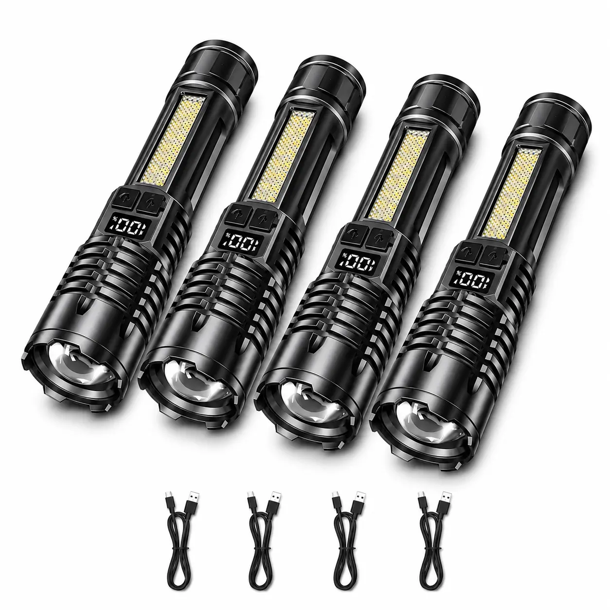 4-Pack Rechargeable Adjustable Flashlights - High Lumens LED Emergency Torches, 3.61cm Wide, 2000mAh, Waterproof, Zoomable, 5 Lighting Modes, COB Side Light, Digital Display, USB Portable Hiking Gear for Camping, Home Emergency