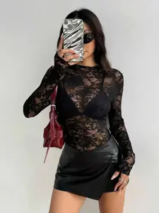 Sexy Lace Cami Top for Women, Sheer Simple Color Style, Slim Fit Fashion Innerwear, Short Sleeve Long Sleeve Shirt, Trendy Ladies' Clothing, Womenswear, Feminine, Casual Chic Top, Casual Everyday Top