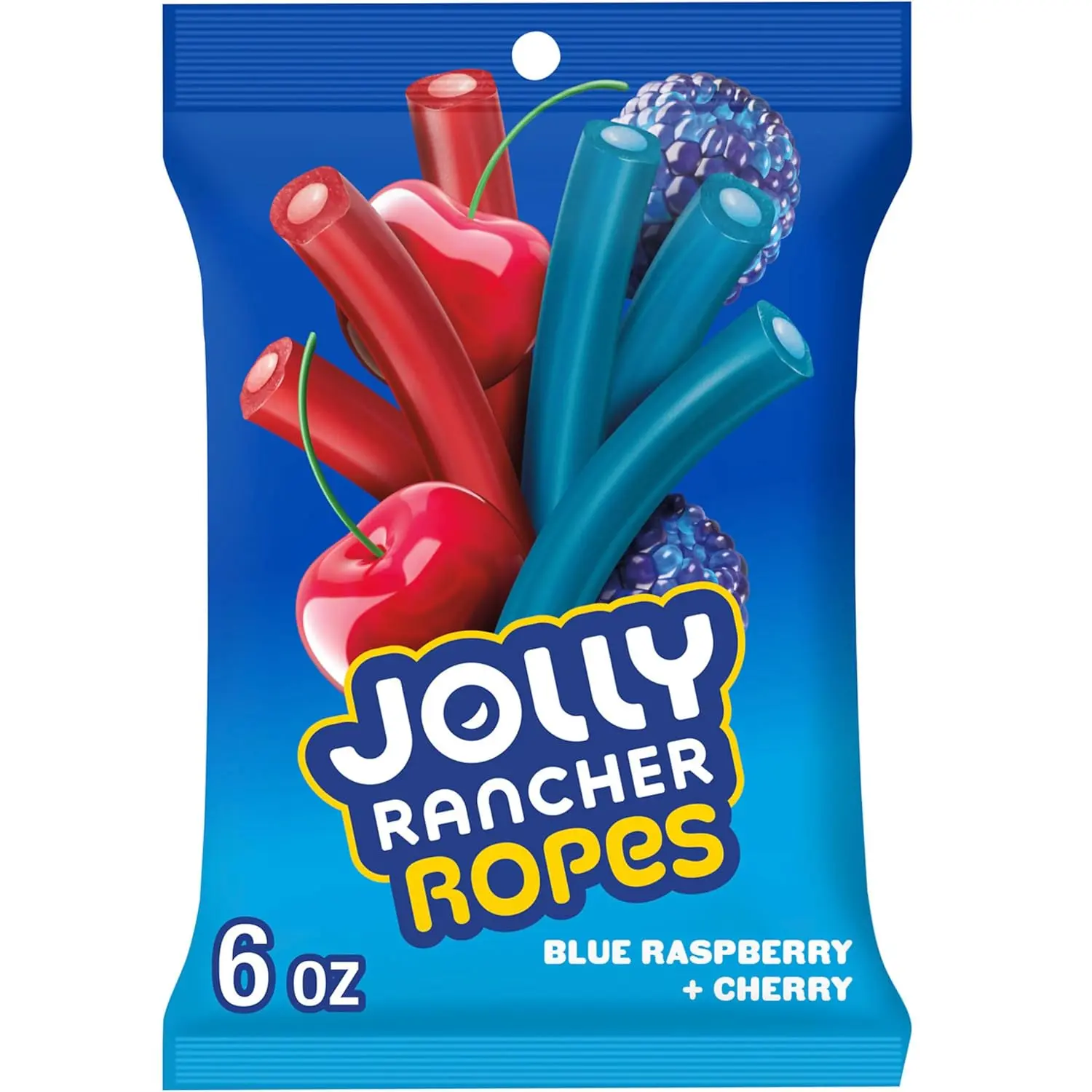 Jolly Rancher Ropes Blue Raspberry-Cherry Artificial Fruit Candy, 6.0 oz Sweet-Sour Chewy Treat Gummy Sweets