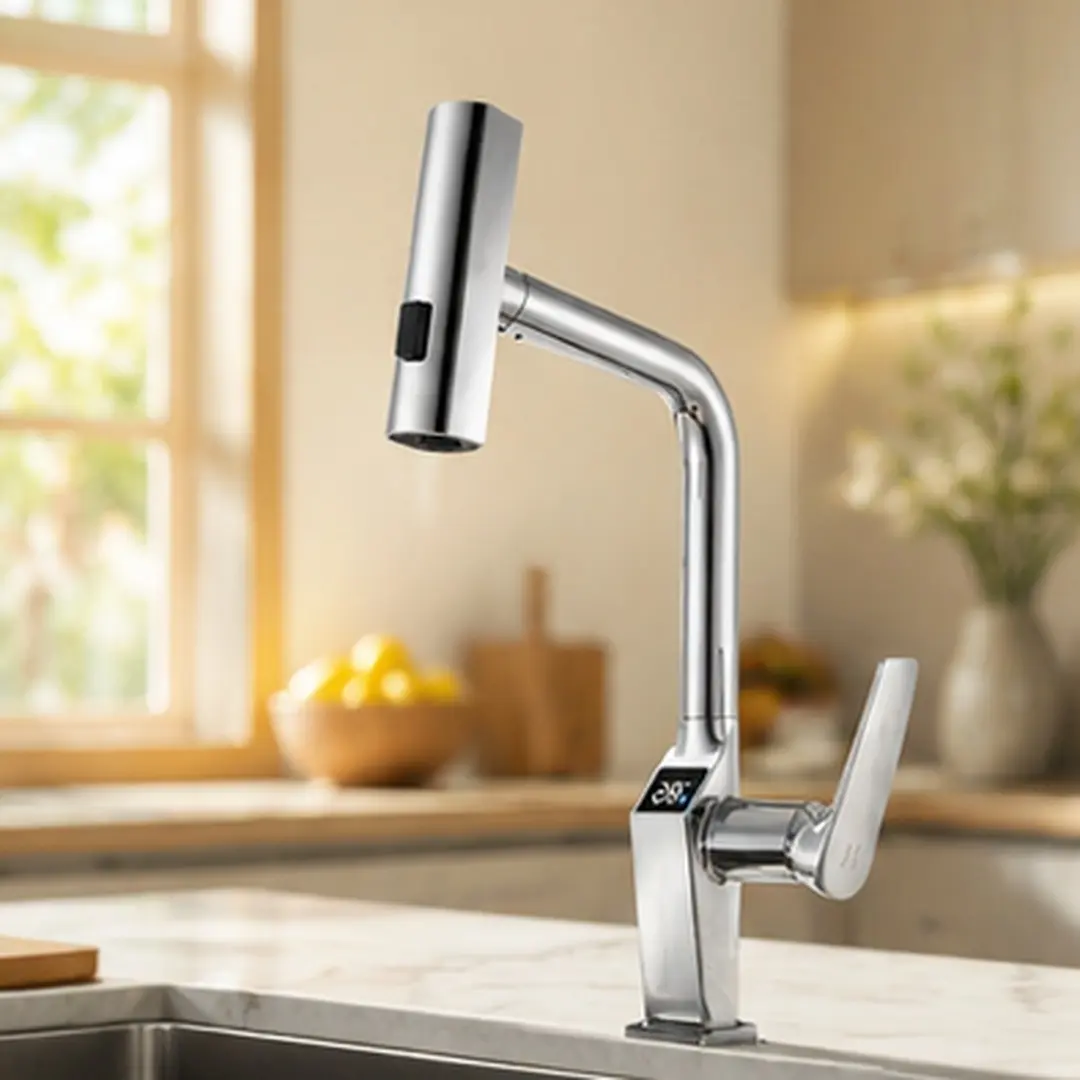Touchless Chrome Kitchen Faucet with LED Temperature Display, Motion Sensor Pull-Out Sprayer, 3-Function Stream/Rain/Sweep, 360° Swivel Spout, Metal Construction, Single-Handle Sink Tap for Modern Kitchen, Chrome Color Options
