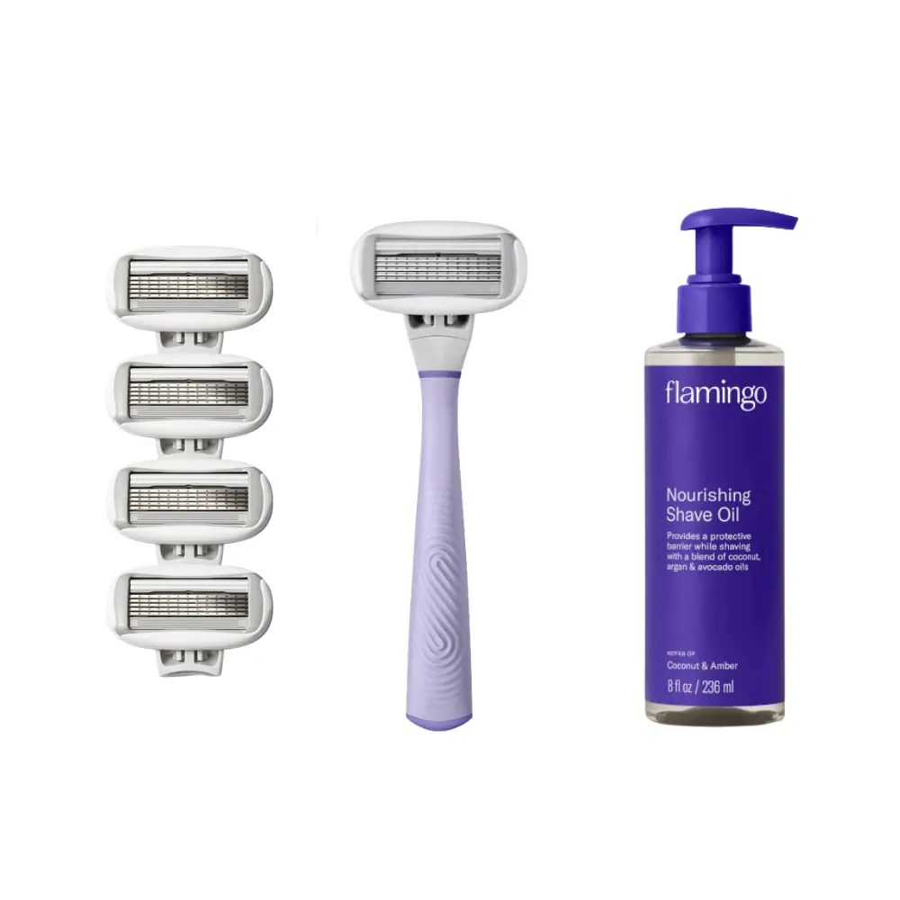Flamingo Razor + 4pc Refills and Shave Oil Bundle Flamingo Razor + 4pc Refills and Shave Oil Bundle