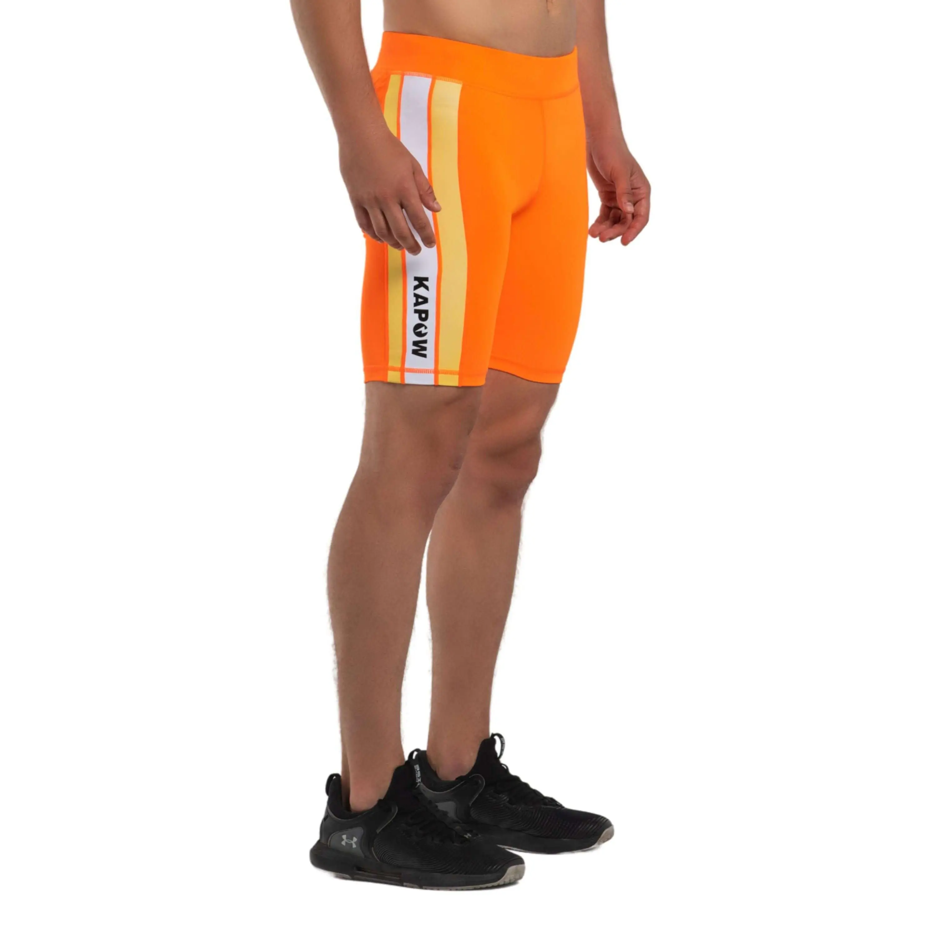 Kapow Meggings Nitro Recycled Orange Men's Compression Shorts with Feature Panel Eco-Friendly Gym HIIT Running Cycling Shorts with Phone & Zip Pockets