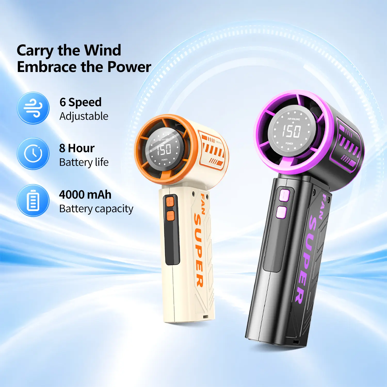 WEDEESUN Handheld Mini Portable Personal Cooling Fan with Handle - 4000mAh Rechargeable Battery, 6-Speed, LED Digital Display, Portable Charger Function, Compact Lightweight Electric Travel Essential, Summer Gift, Mini Portable Fan