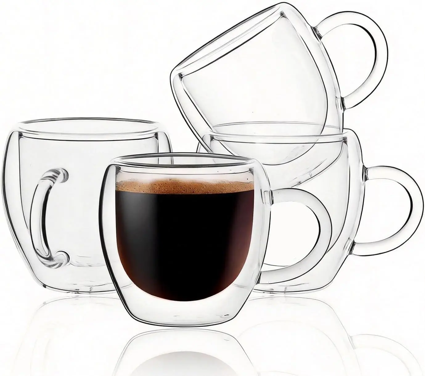Espresso Cups Set of 4, Double Wall Insulated Clear Glass Expresso Mugs with Handle, Heat Resistant Small Coffee Shot Glasses for Home Cafe & Espresso Machine Accessories, Tazas De Cafe Expreso