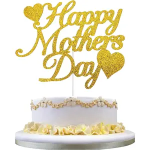 10 Pack Happy Mother’s Day Cake Toppers Set, Glitter Cake Bunting Decor Best Mom Ever Love Mother Cake Picks Party Decorations Supplies(Gold)