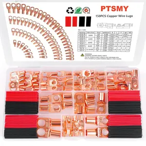 150Pcs Copper Wire Lugs, Battery Cable Ends AWG 2 4 6 8 10 12 Gauge Wire Connectors with Heat Shrink Set, Ring Terminals Connectors Battery Cable Lugs Battery Lugs with 86Pcs Heat Shrink Tubing Kit