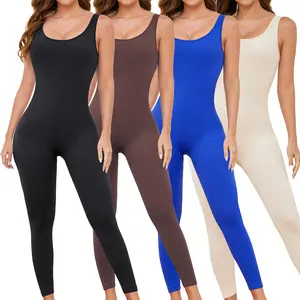 Kabuer Women's Seamless Ribbed Sleeveless Square Neck Skinny Fitted Tight Fitting Full Body Jumpsuit - 1-Piece Athletic Activewear, Sleeveless Rompers, Workout Jumpsuits for Yoga, Gym