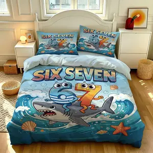 3-piece quilt cover set (1 quilt cover +2 pillowcases, no core) Cartoon numbers 67 Shark surfing bedding Childrens fun ocean wave print Soft and comfortable bedding, suitable for use in all rooms including hotel bedrooms