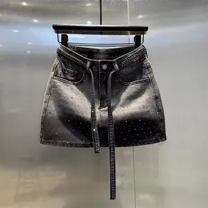 2026 Vintage Wash Denim Mini Skirt for Women Rhinestone Y2K Going Out Outfit