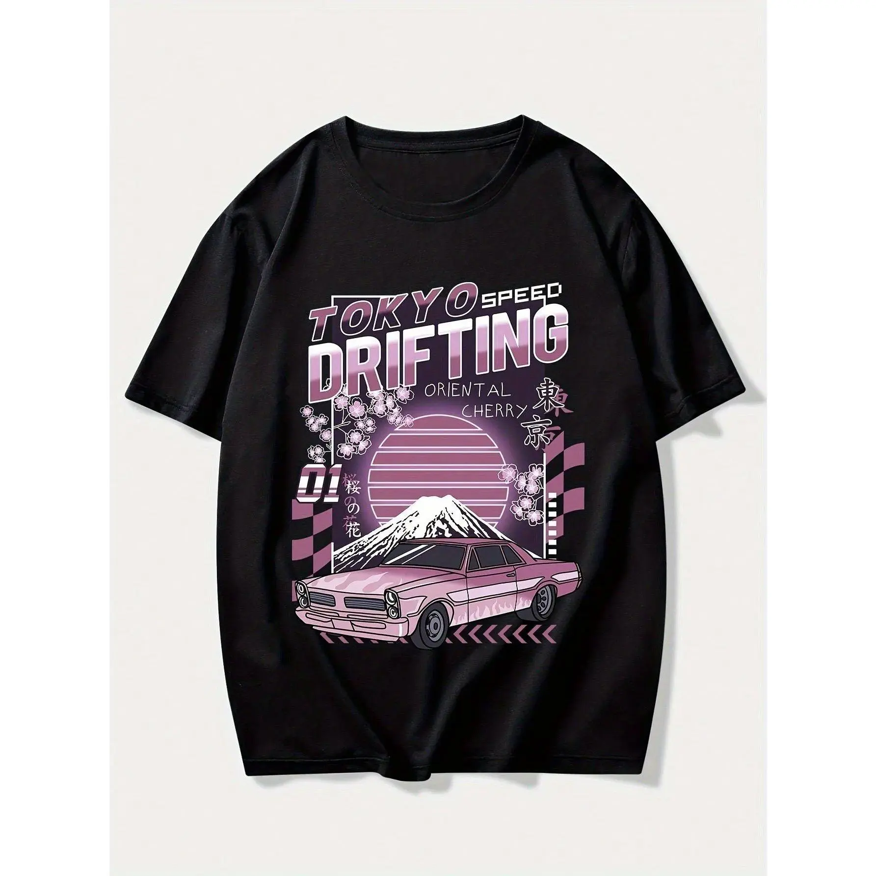 Men's Black Casual Short Sleeve T-Shirt with Tokyo Speed Drifting Graphic, Mount Fuji & Racing Car Design