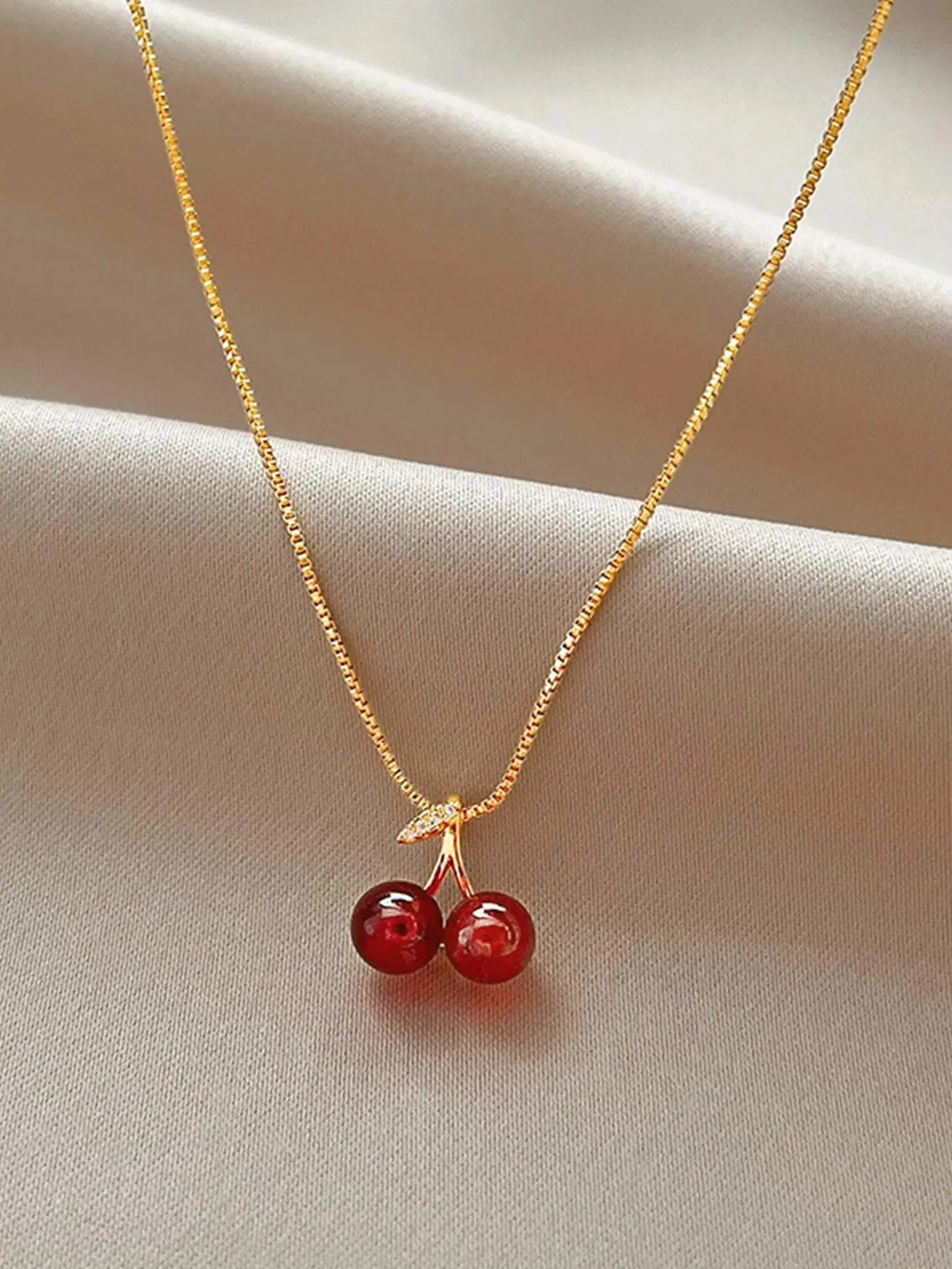Cherry Charm Necklace - Simple Design with Red Cherry Pendant on Gold Chain