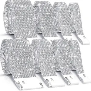 8 Rolls Rhinestone Ribbons, Silver Self Adhesive Rhinestone Ribbon, Bling Crystal Diamond Ribbon Roll Wrap Glittering Rhinestones Sticker for Decoration Car DIY Arts Crafts Wedding