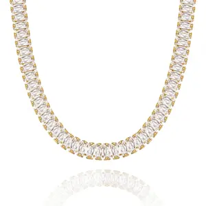 KissYan Diamond Tennis Necklace for Women, 14K/White Gold Plated Cubic Zirconia Baguette Tennis Chain Chunky Paperclip Link Cuban Choker Necklace Dainty Jewelry for Christmas Gifts Valentine's Day Gifts