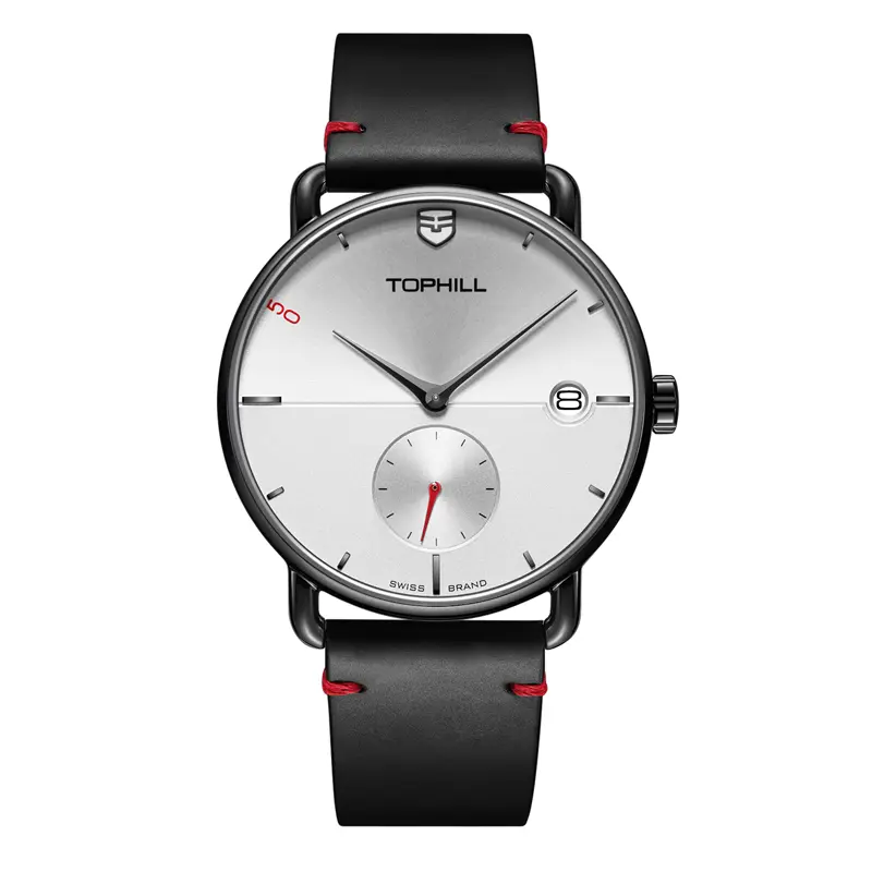 Ultra-Thin Minimal Black Silver Red Accent Leather Men Watch, Clean Business Casual Luxury Gift For Modern Gentlemen