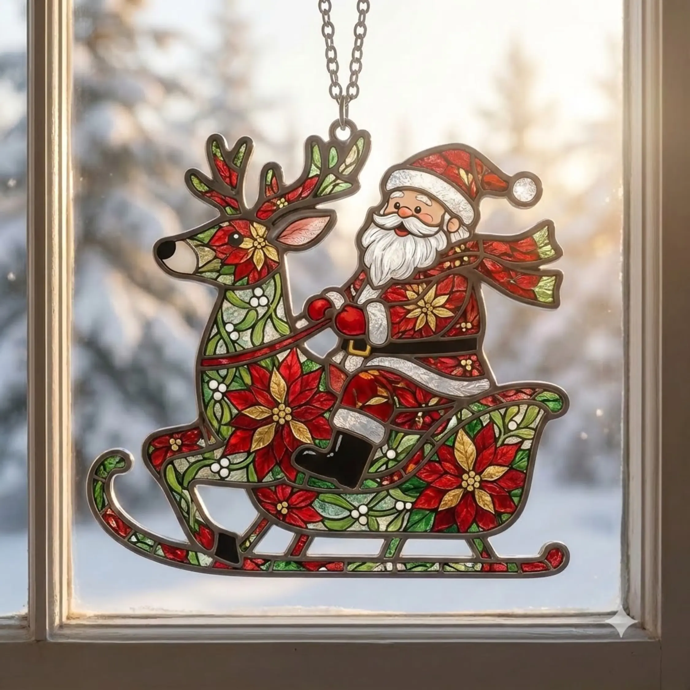 Colorful Stained Glass-Style Christmas Santa Claus & Reindeer Suncatcher, Window Hanging Holiday Decor Ornament, Home Supplies Gift
