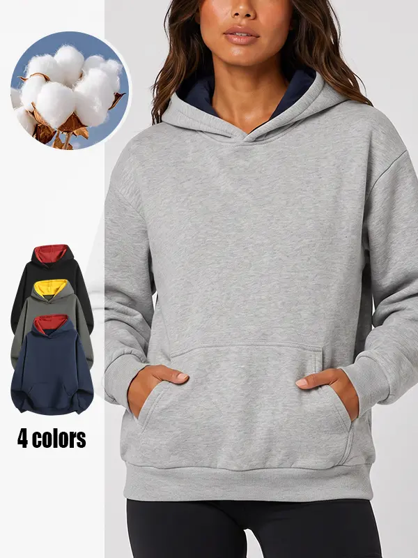 Women's Casual Hoodie with Kangaroo Pocket, Relaxed Fit Drop Shoulder Pullover and Contrast-Lined Hood, Cotton-Blend 300 GSM Midweight Fleece