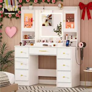 7 Drawers White Vanity Desk With Mirror - Valentine's Gifts | Large Makeup Table Set With Cabinets And 3 Modes, 8 Storage Shelves With 2 Ultra-Clear Display Cabinets & 2 Ultra-Clear Dividers, 3 Storage Compartments