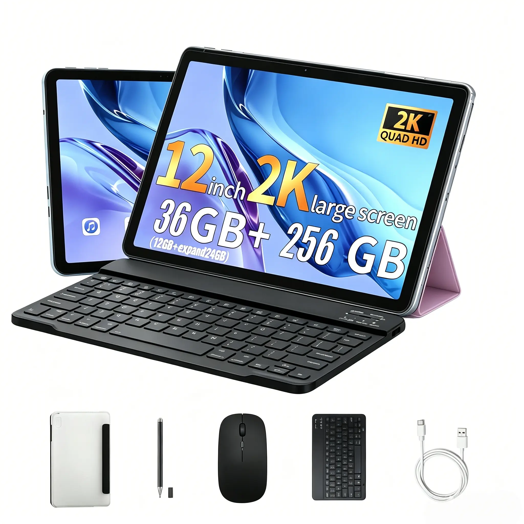 Redbeat M3 12 Inch 2K HD Tablet with Keyboard Mouse Case Stylus, Android 15 8-Core Tablet PC, 36GB Expand RAM 256GB Storage Dual Camera Portable Tablet for Study Work Gift Black Friday Flash Sale